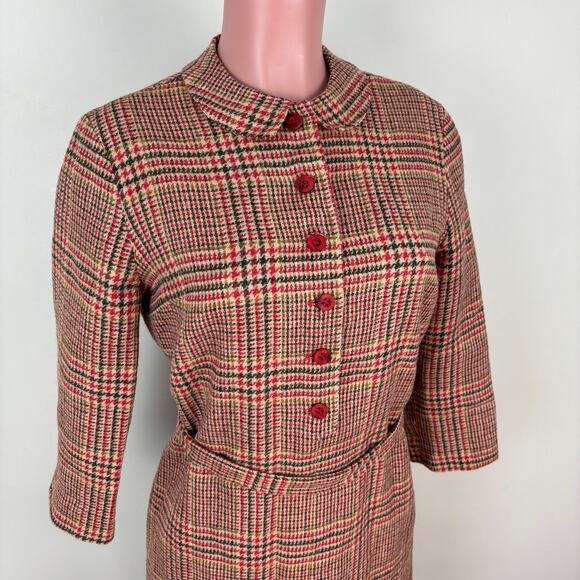 VINTAGE Dress *no label* modern size 6 or 8 houndstooth plaid red tan wool - Picture 6 of 11